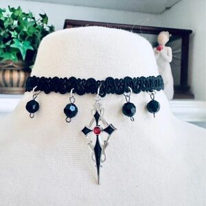 Elegant Black Choker Necklace with Silver and Red Pendant